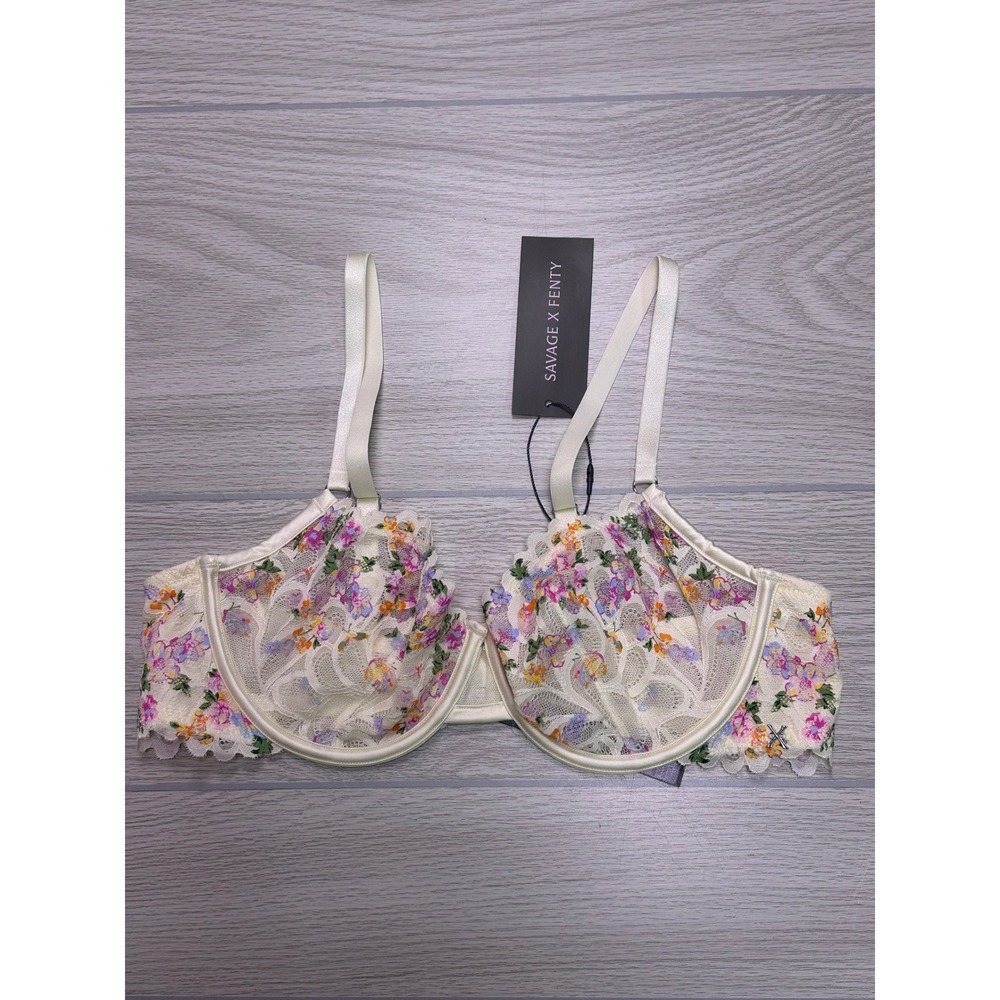 Savage X Fenty Savage Not Sorry Printed Lace Unlined Balconette Bra 36C Cream - Picture 2 of 8